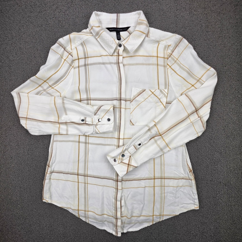 White House Black Market Womens Plaid Button Down Rayon Shirt Tan White Size 6